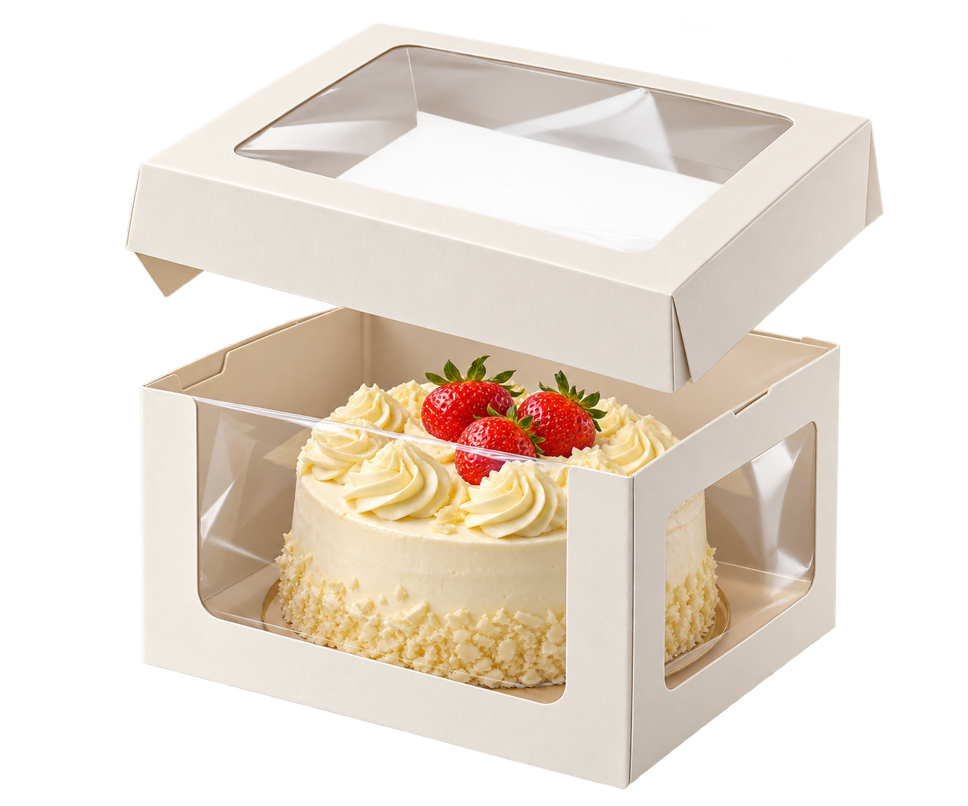 3D illustration of a window cake box with a raised lid and strawberry cream cake