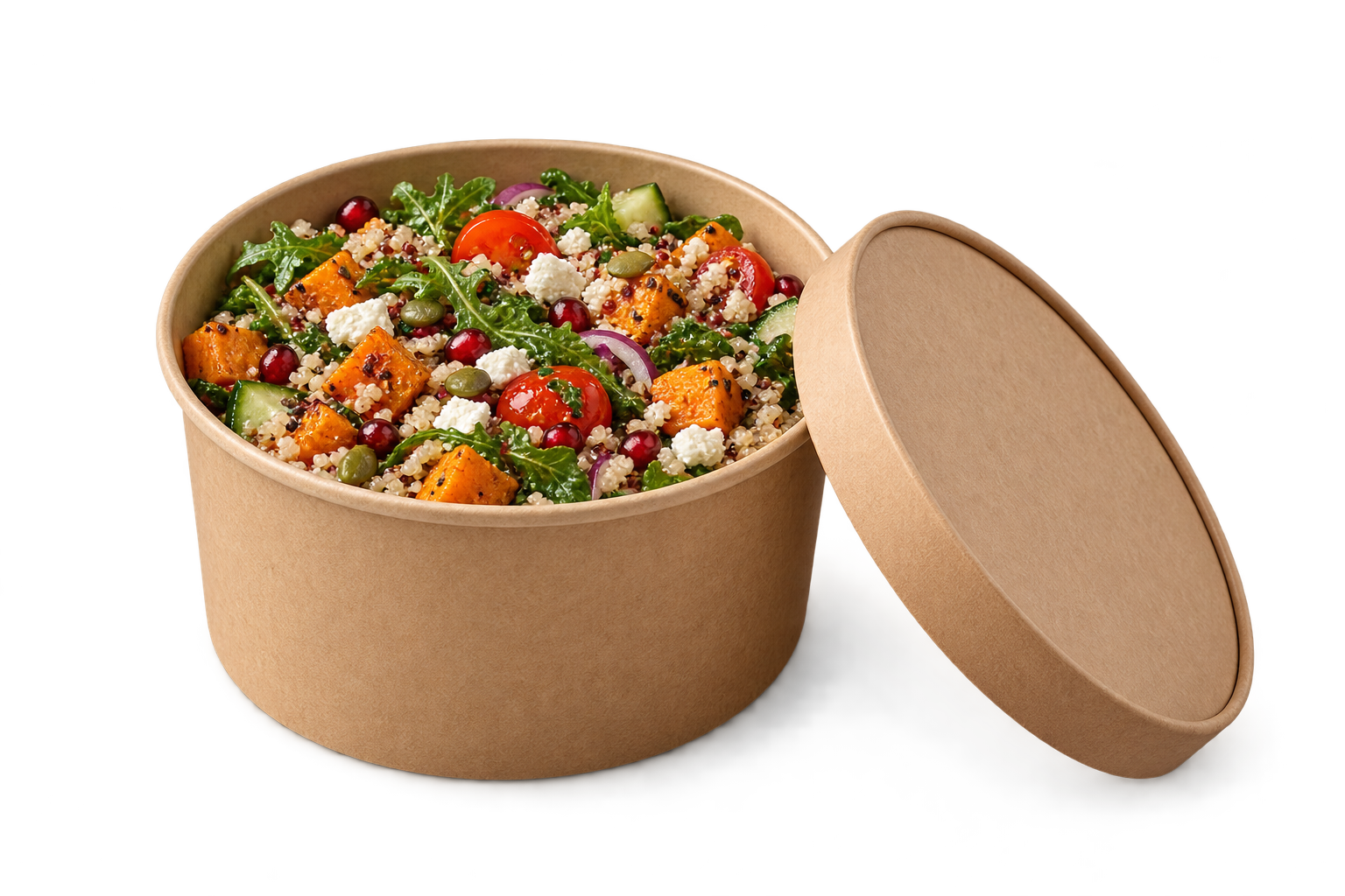 Kraft food container with a salad and paper lid
