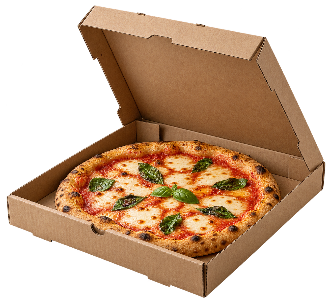 Realistic kraft pizza box with an open lid and a freshly baked margherita pizza