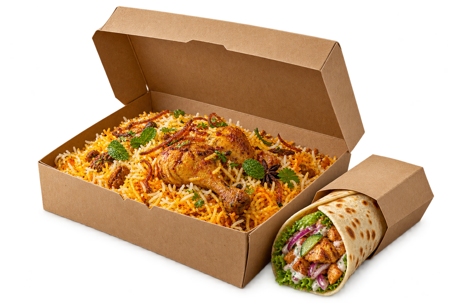 Kraft meal box with biryani and a wrapped roll